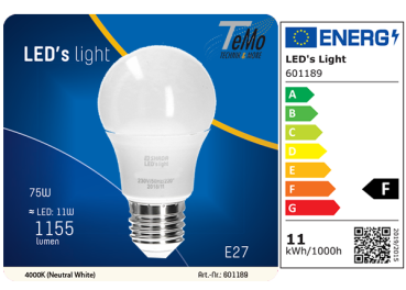 1 STÜCK (VPE) SHADA LED Classic E27, 1055lm, 11 Watt, neutralweiss 4000K, A60 Opal, EEC: F (0601189)